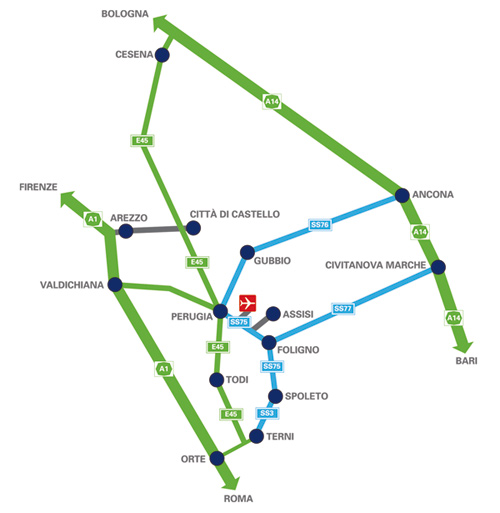mappa auto raggiungere aeroporto perugia